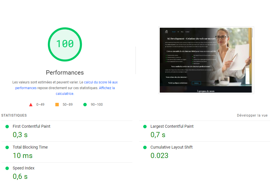 PageSpeed Insights 100/100 performance sur ag-development.fr