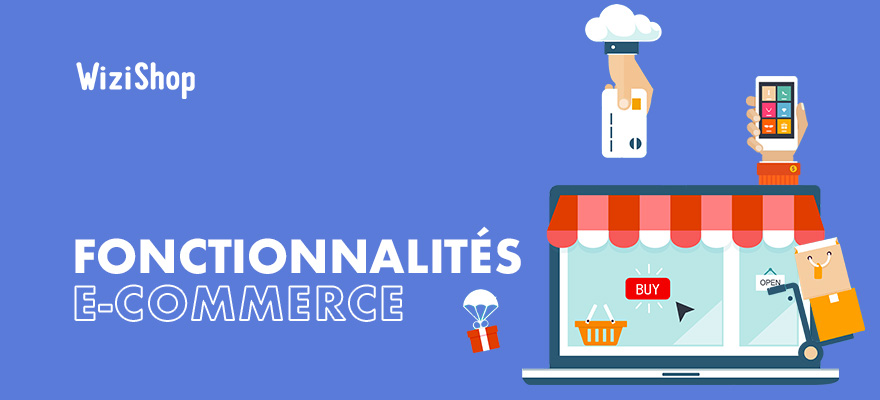 Image représente quelques fonctionnalités e-commerce comme : le paiement par carte, le panier et la livraison de produits