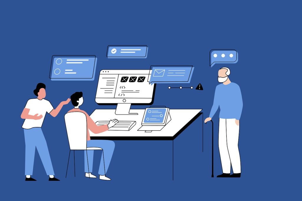 Équipe de développeurs en train de créer un site web pour un client âgé.