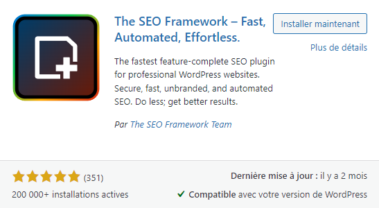 La page d'installation de SEO Framework dans WordPress