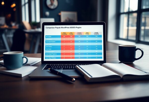 Comparatif des Meilleurs Plugins WordPress SEO affiché sur l'écran d'un ordinateur portable