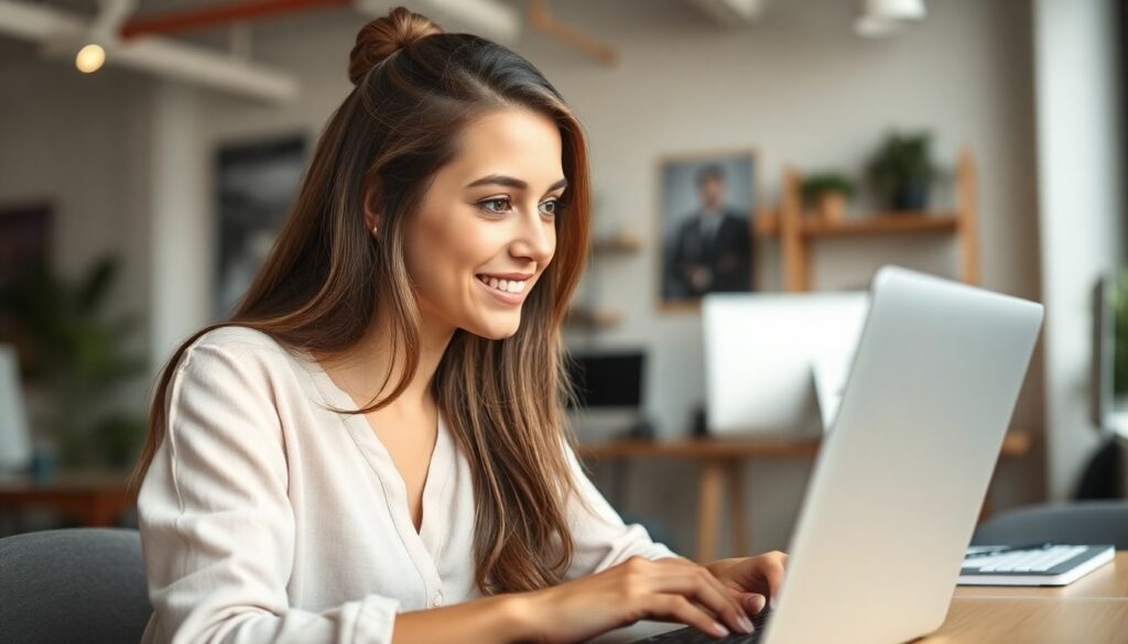 Jeune femme webmaster travaille sur son PC portable