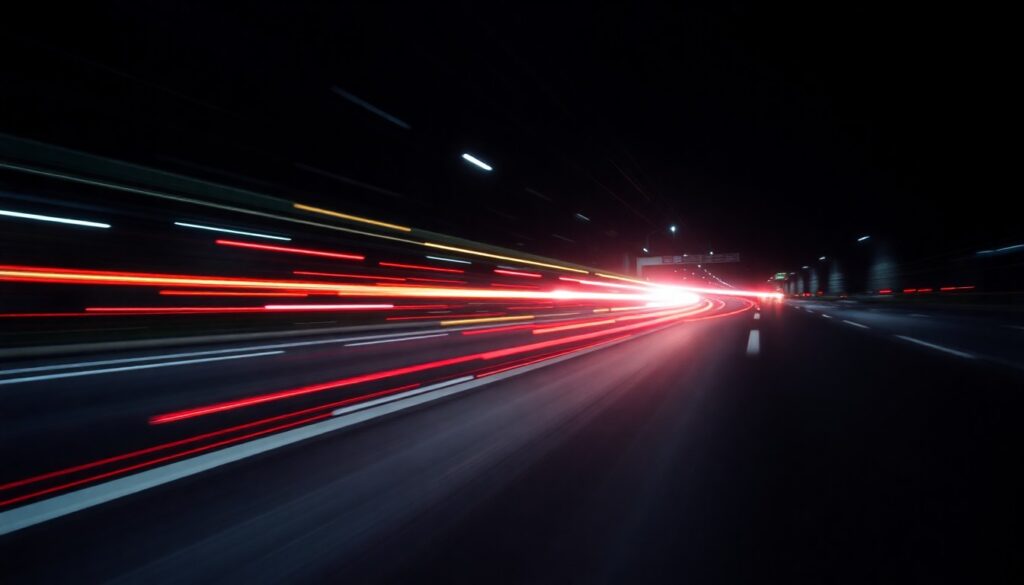  Traînées lumineuses rouges et blanches se déplaçant rapidement sur une route sombre, symbolisant la vitesse, le mouvement et la dynamique dans un monde moderne et connecté.