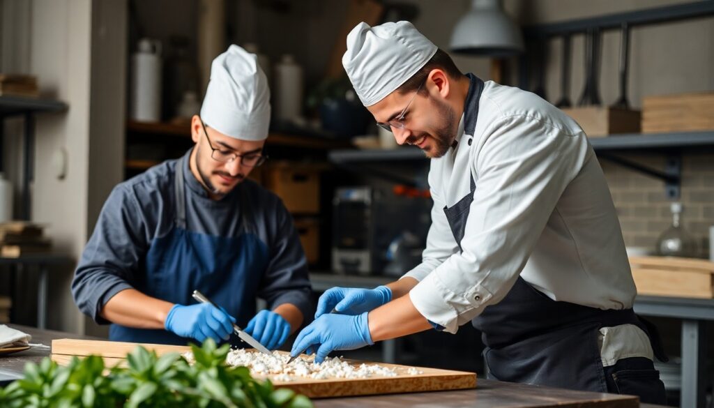 Deux chefs cuisiniers, vêtus de leurs uniformes blancs et coiffés de leurs chapeaux de cuisinier, préparent des plats dans une cuisine. L'un des chefs découpe des ingrédients sur une planche en bois, tandis que l'autre observe et collabore. On peut voir des herbes et des ustensiles de cuisine en arrière-plan, suggérant un environnement de travail organisé et professionnel dans une cuisine de restaurant.