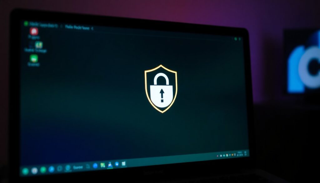 Écran d'ordinateur portable affichant une icône de bouclier avec un cadenas, symbolisant la sécurité ou la protection des données. L'arrière-plan est sombre avec des teintes violettes, créant une atmosphère de cybersécurité où d'un bureau de maintenance