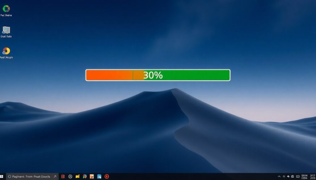 Écran d'ordinateur affichant une barre de progression colorée indiquant 30 %, sur un fond de paysage désertique en bleu foncé. Des icônes sont visibles sur le bureau, représentant des applications et fichiers divers.
