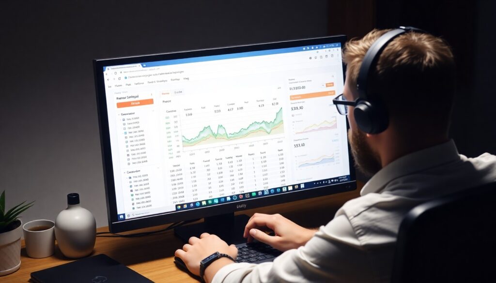 Une personne portant un casque audio et des lunettes est assise devant un écran d'ordinateur, analysant des données financières. L'écran affiche des graphiques, des tableaux et des indicateurs financiers avec des courbes de tendance en vert. Sur le bureau en bois, on aperçoit une tasse de café, un vase gris clair et une petite plante. La scène est photographiée dans un environnement de travail sombre mais professionnel.