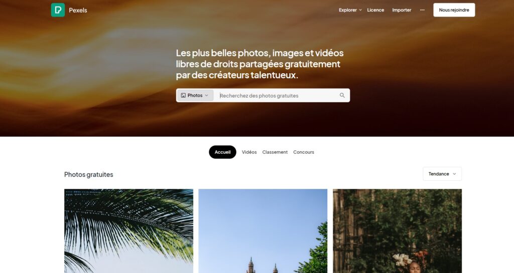 capture d'écran du site pexels.com