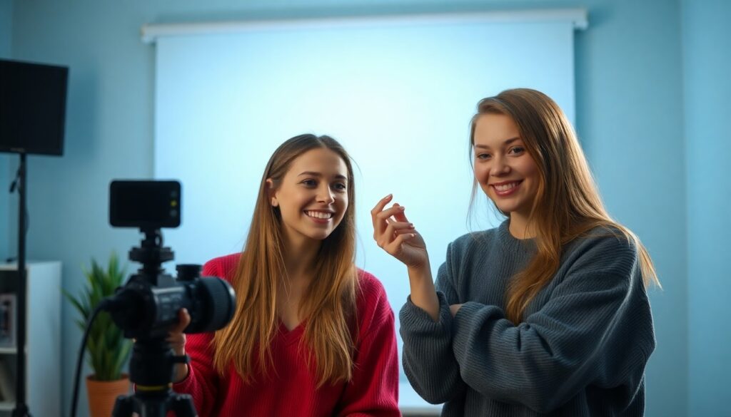 Deux jaunes femmes filme une vidéo pour les réseaux sociaux 