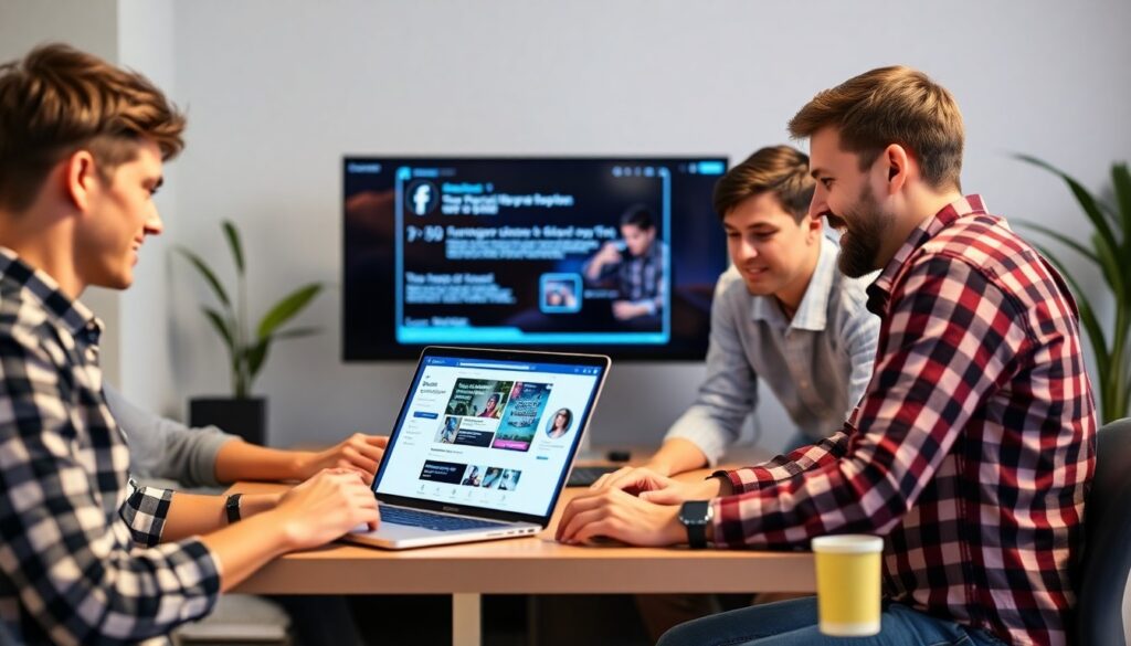 Une équipe de jeunes professionnels discute d'une campagne publicitaire Facebook autour d'un ordinateur portable. Ils sont concentrés et souriants, analysant des données et des visuels sur l'écran de l'ordinateur et un écran de présentation à l'arrière-plan, montrant des éléments d'une publicité Facebook. L'ambiance est collaborative et dynamique.