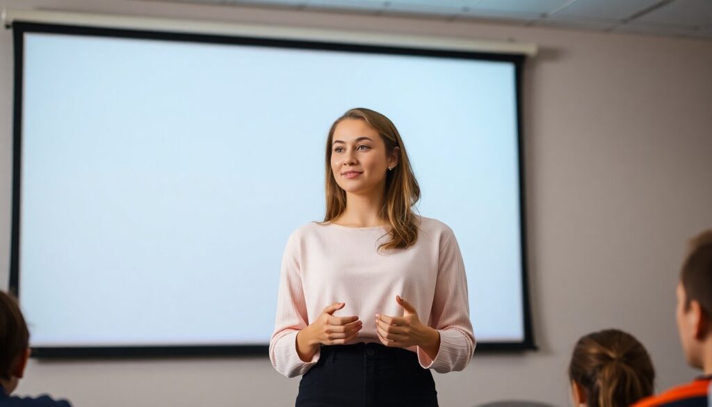 Une jeune femme en blouse rose présente un exposé devant un écran blanc dans une salle de réunion. Elle se tient debout avec assurance, les mains légèrement levées, prête à captiver l'attention de son public composé de plusieurs personnes visibles de dos. L'ambiance est studieuse et propice à l'apprentissage.