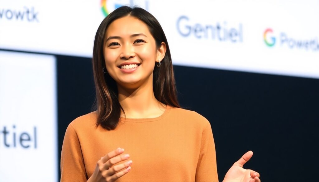 Jeune femme parle sur une scène à une conférence Google