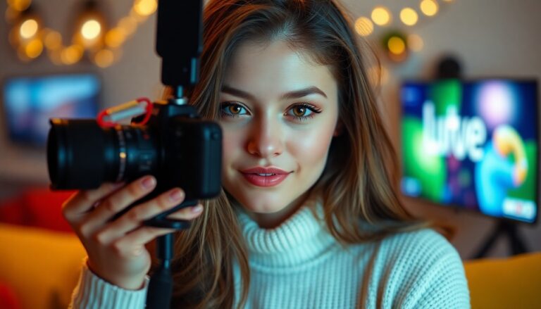 Une jeune femme qui crée du contenu media, tient une caméra vidéo devant son visage. Elle a les cheveux longs, bruns, et porte un pull blanc à col roulé. Son expression est sereine et son regard est direct vers l'objectif de la caméra. L'arrière-plan est flou mais on peut voir des lumières colorées, suggérant un environnement intérieur et festif. L'image capture un moment d'une personne engagée dans une activité créative liée à la photographie ou à la vidéographie.