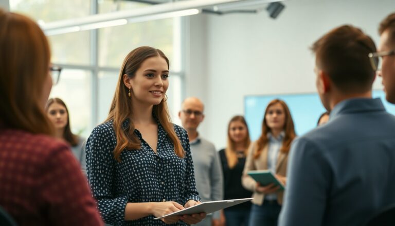 Une belle femme est en train de presenter un projet (probablement un logiciel) à ses clients