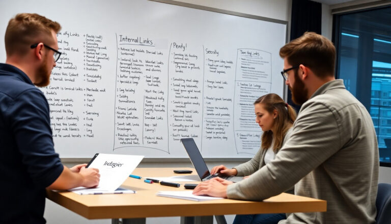 Une équipe de webmasters travaille dans un openspace. Sur le tableau le titre "Internal Links" (liens internes) est écrit comme titre de colonne.