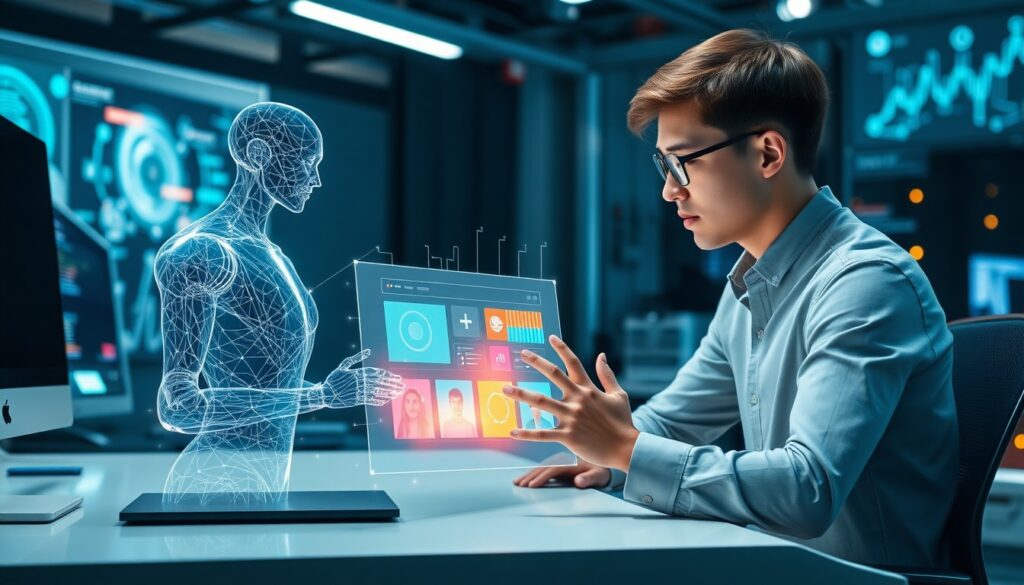 Dans le futur, une hologramme IA et un développeur web, travaillent ensemble sur un site web