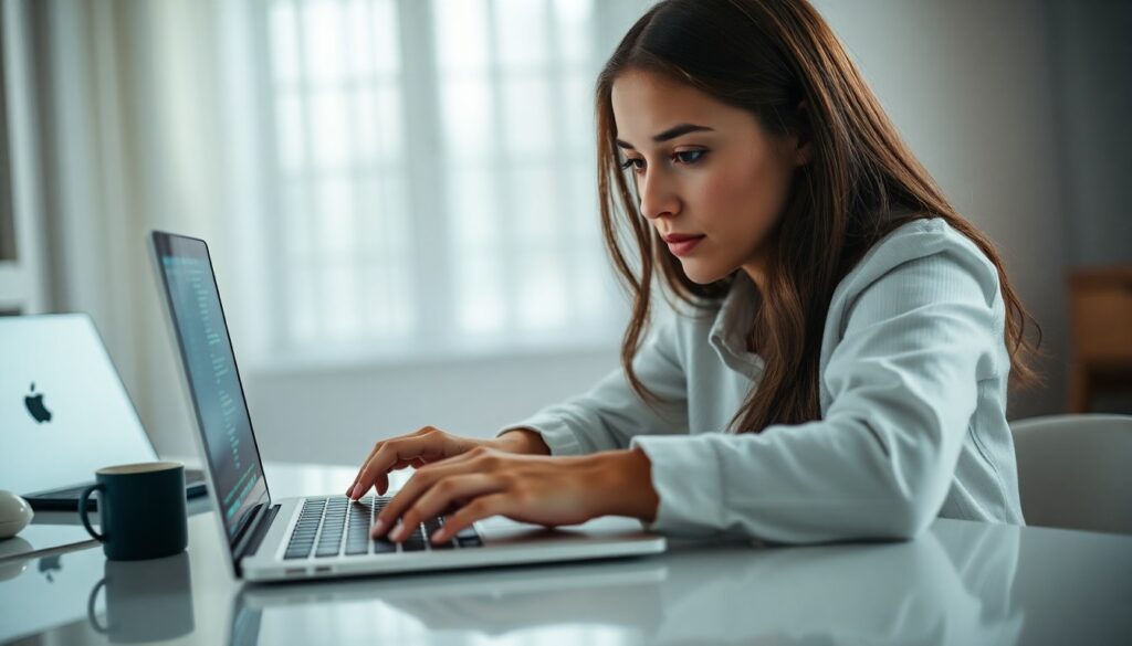 Une femme est en train d'écrire des lignes de code sur son ordinateur portable